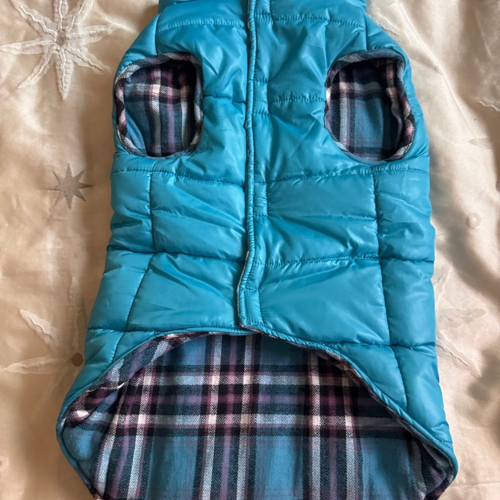 Dog Blue Puffer Jacket length 22 inches width 13 inches